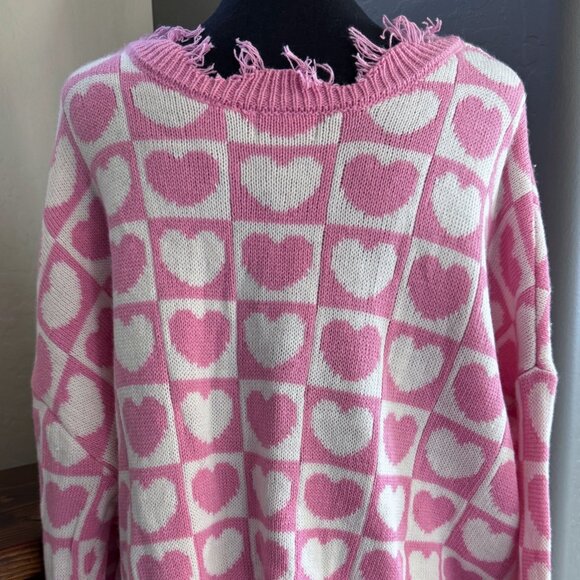 New NWOT Pink White Heart Hearts Distressed Valentines Sweater XL Extra Large - Picture 4 of 5
